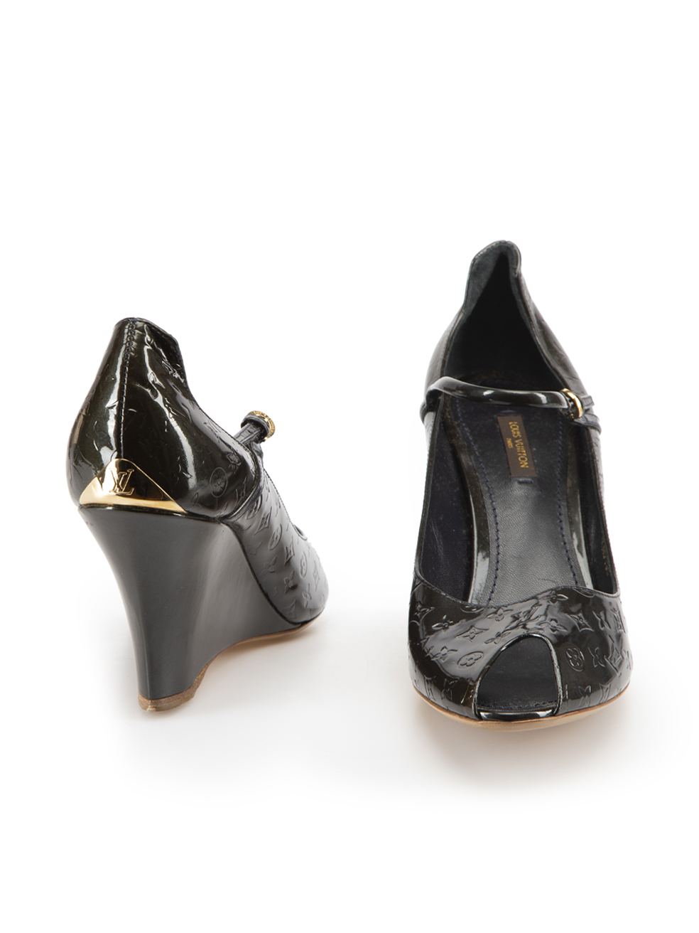 Second Hand Louis Vuitton Black Patent Leather Petite Monogram Peep-Toe Wedge  Sandals