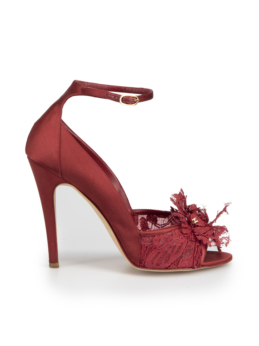 Second Hand Chanel Red Silk Lace Camellia Ankle Strap Heels