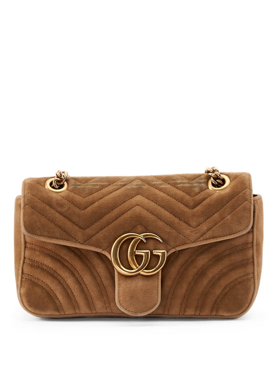 Women Gucci Brown GG Marmont Matelassé Velvet Shoulder Bag