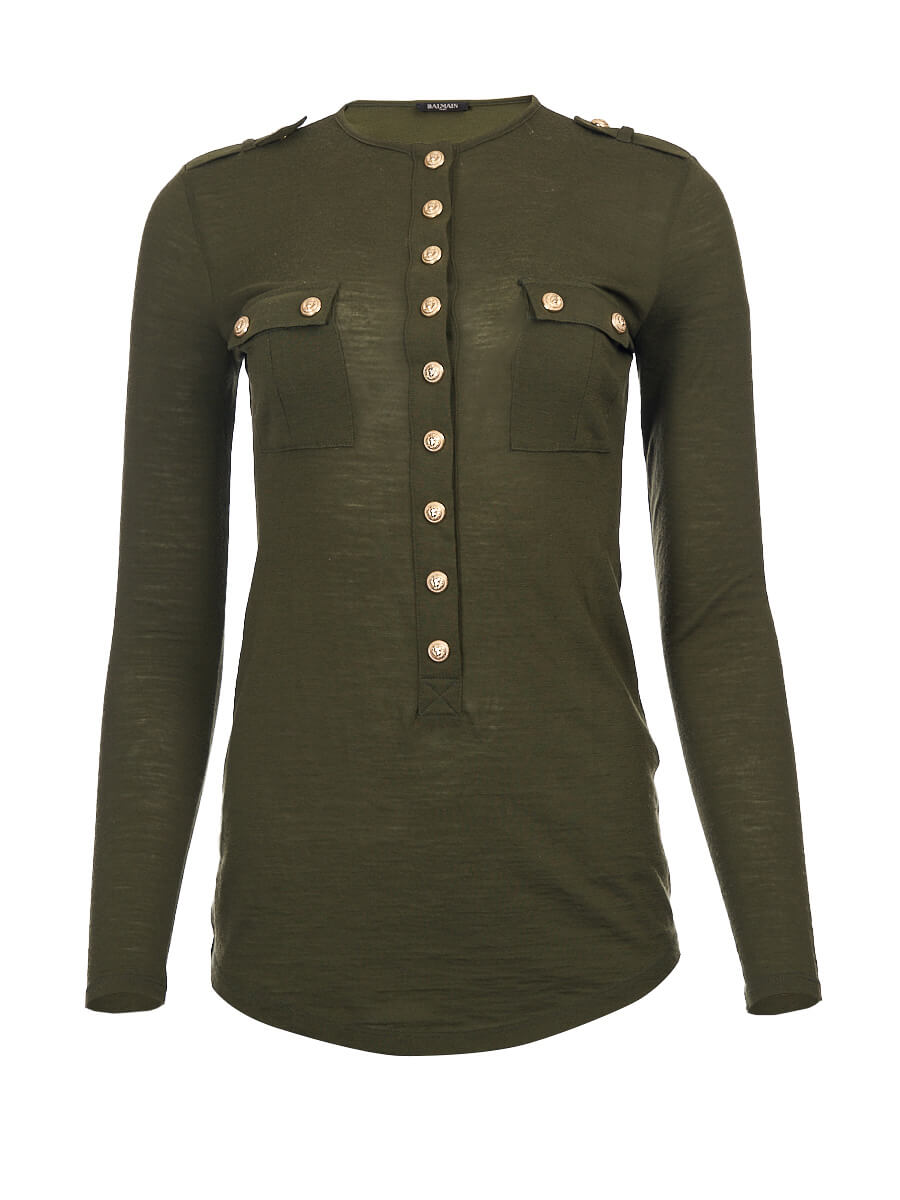 Women Balmain Khaki Wool Plunge Neck Shirt - Size S UK8 US4 FR36