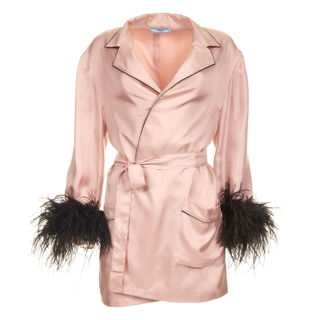 Women Prada Silk Twill Robe with Feather Cuffs Pink -  Pink Size S US 6 IT 42