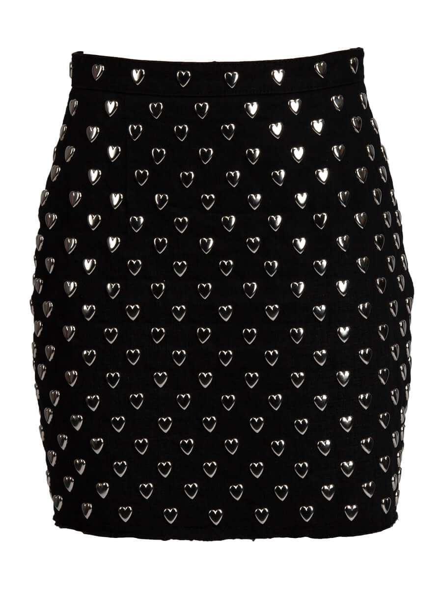 Women Saint Laurent Black Denim Heart Studded Mini Skirt - Size S UK8 US4