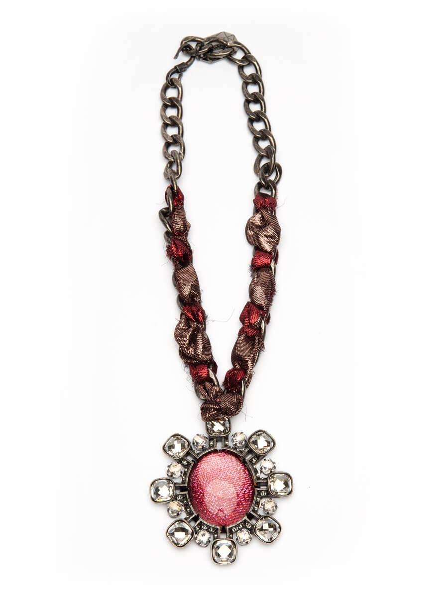 Lanvin Pink Fabric, Glass &amp; Crystal Pendant Necklace