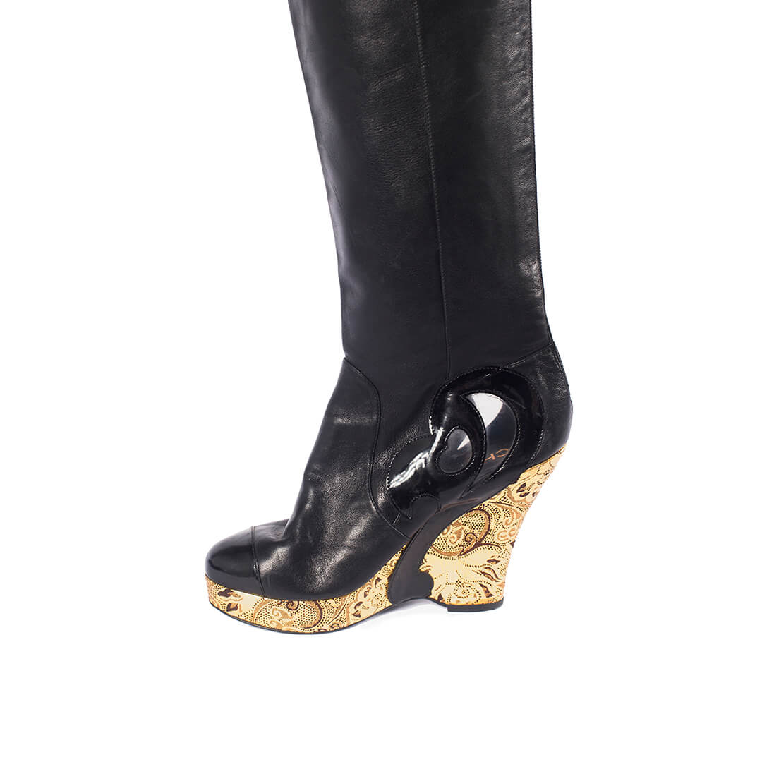 Women Chanel Black Leather Metallic Gold Brocade Wedge Thigh High Boots - Size 38  Black US 7.5 EU 38
