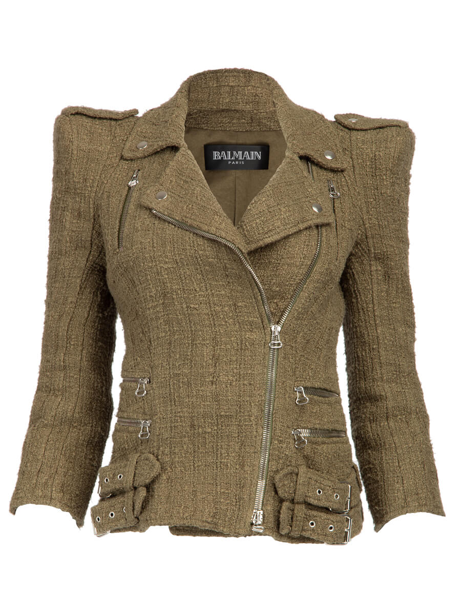 Balmain Women's Shoulder Padded Tweed Biker Jacket, Size 8 UK, Khaki, Cotton