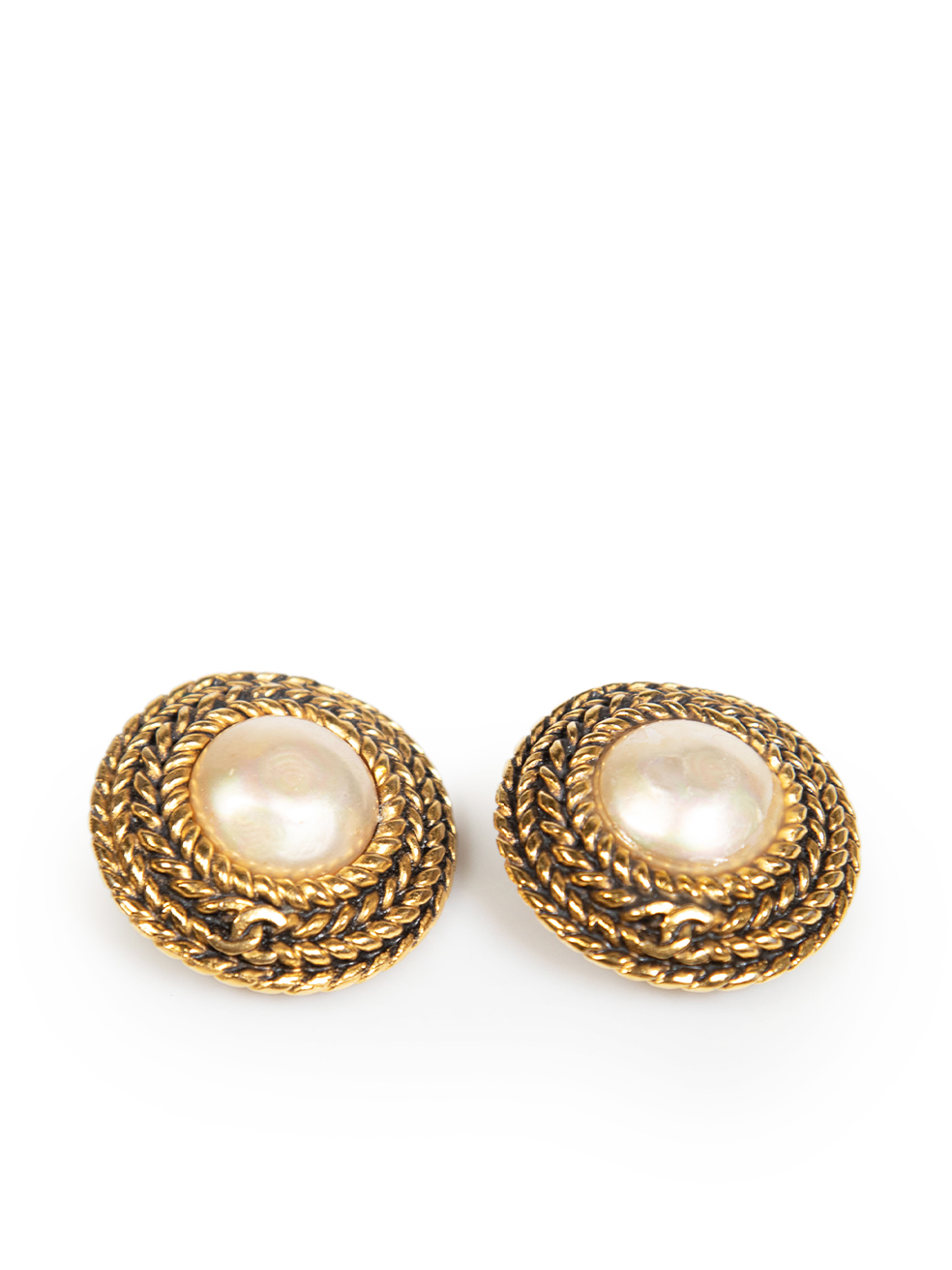 Used Chanel Vintage 1980s Gold Tone Baroque Faux Pearl CC Clip-On Earrings