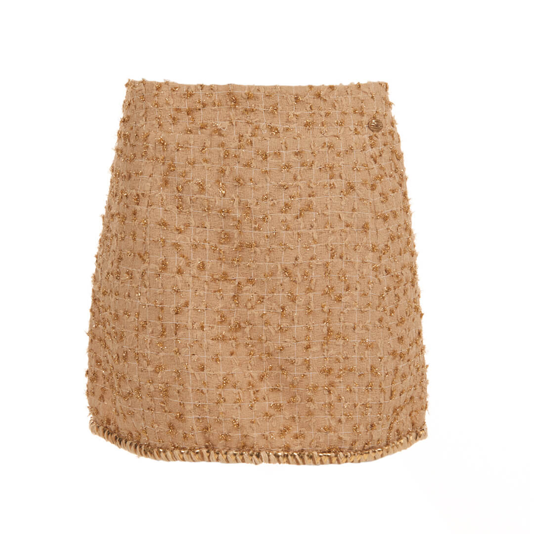 Women Chanel Bouclé Mini Skirt Beige with Gold Trim -  Beige Size M US 8 FR 40