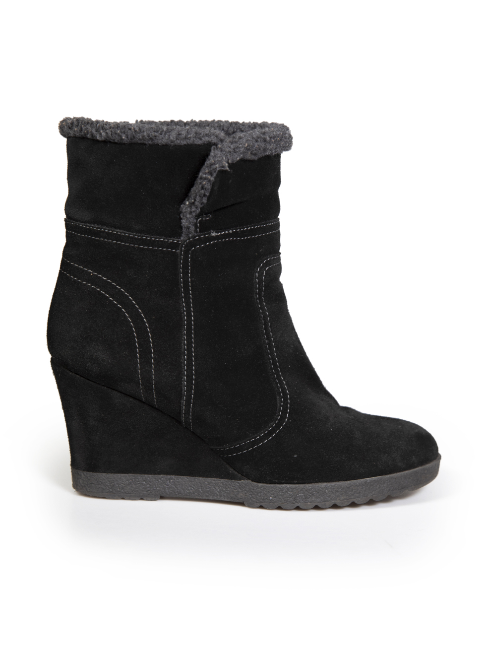 Used Aquatalia Black Suede Shearling Lined Wedge Boots CSD