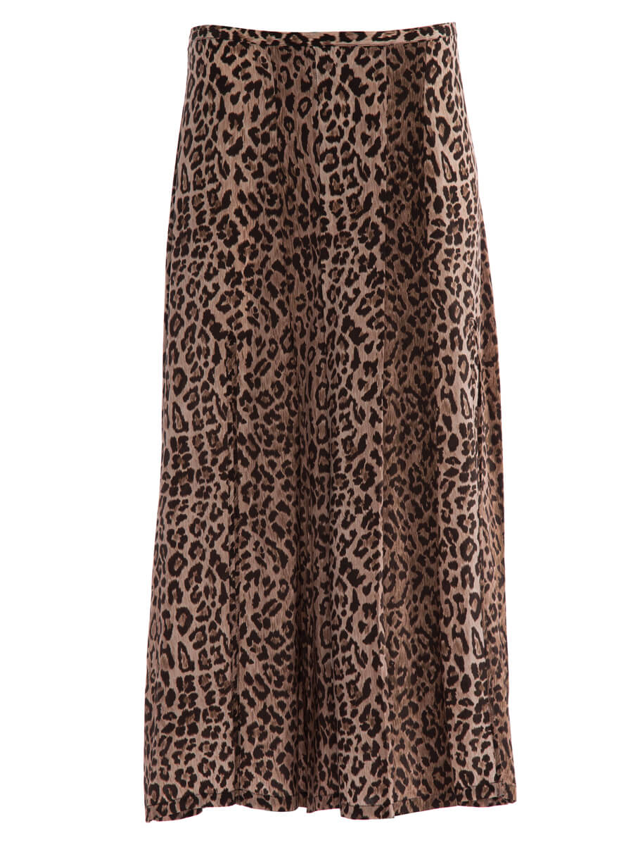 Rixo Women's Leopard Midi Side- Slit Skirt, Size 10 UK, Brown Silk