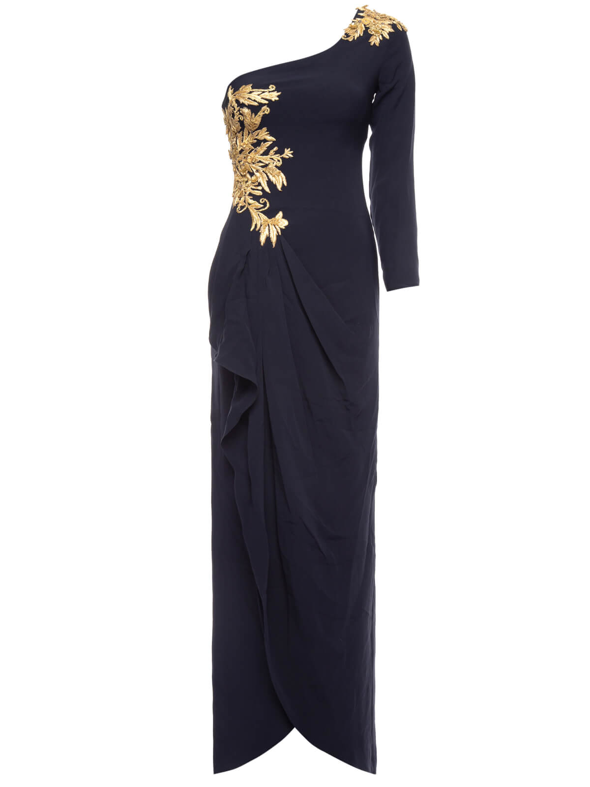 Marchesa Notte Navy One Shoulder Embroidered Gown 38 IT, 34 FR, UK 6, US 2