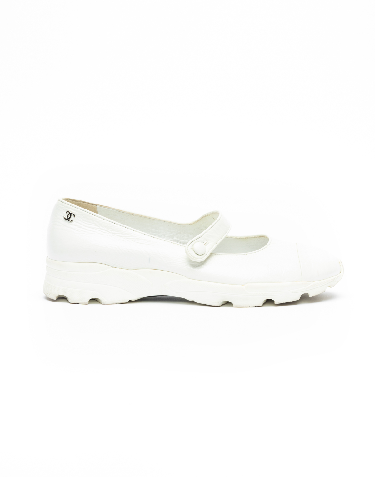 Chanel White Patent Walking Strap Shoes