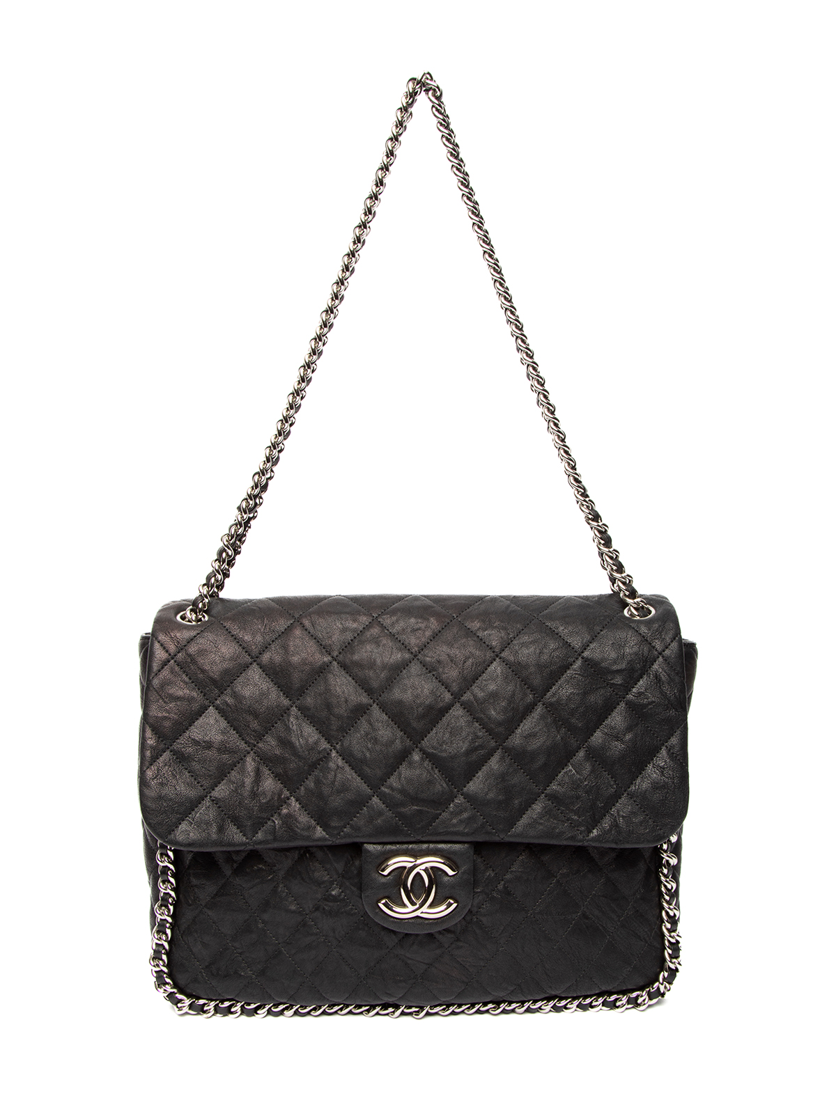 CHANEL Washed Lambskin Quilted Maxi Chain Around Flap Black