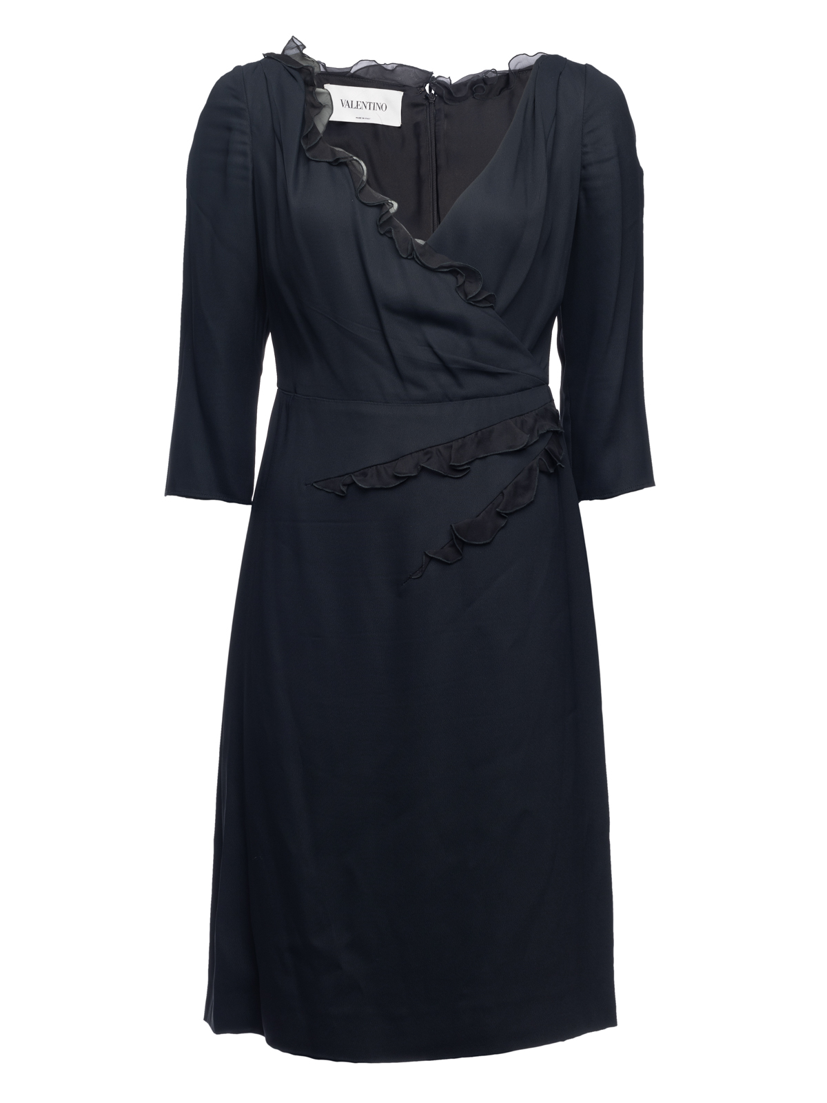 Valentino Garavani Black 3/4 Sleeve Frill Waist Dress