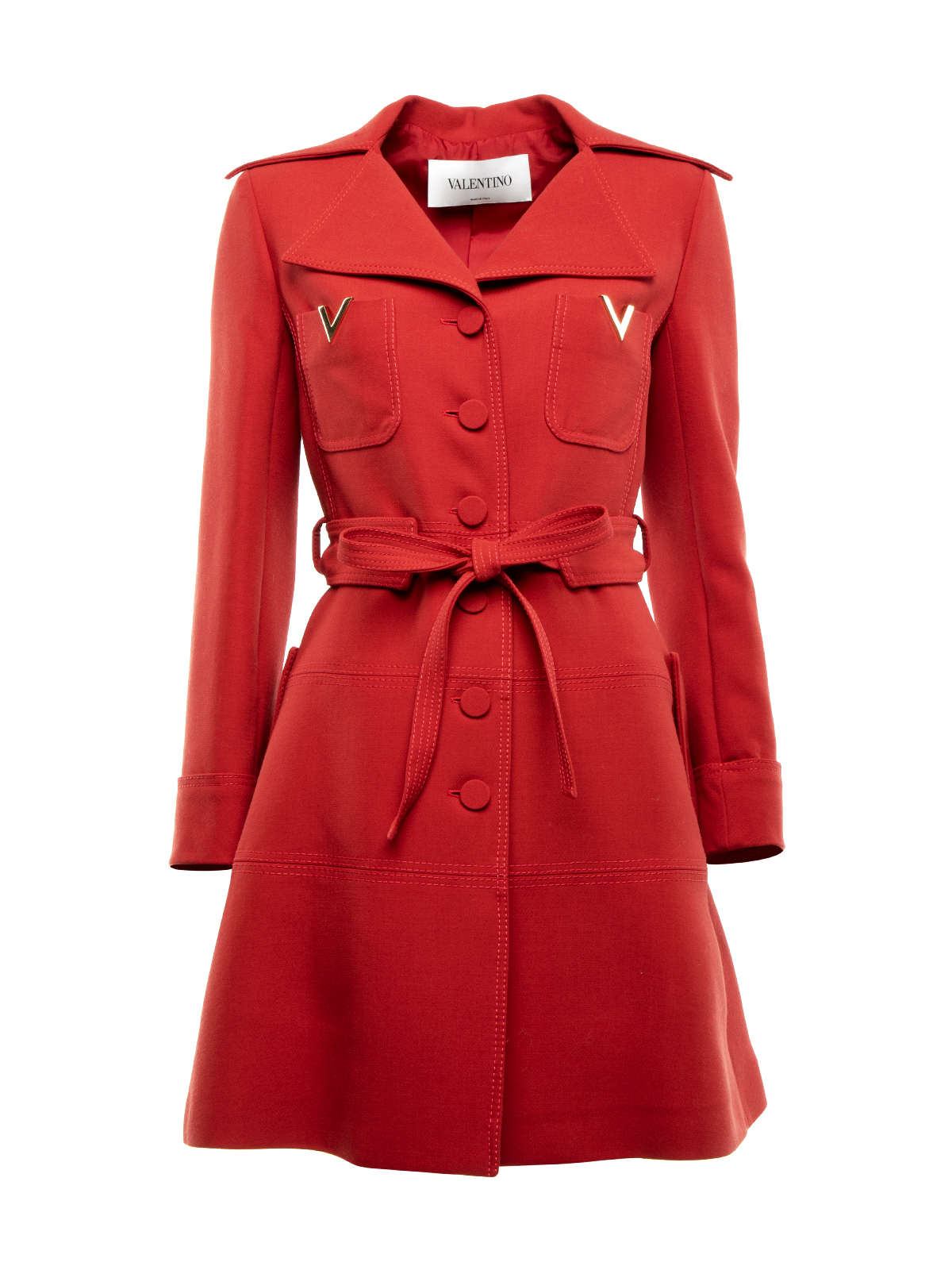 Valentino, V Logo Belted Coat Red, Wool