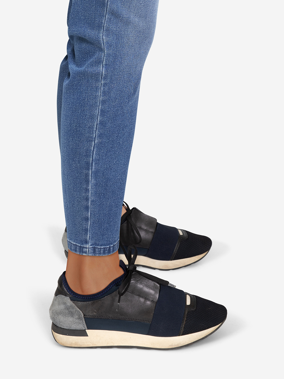 Used Balenciaga Navy Leather Suede Race Runner Trainers CSD