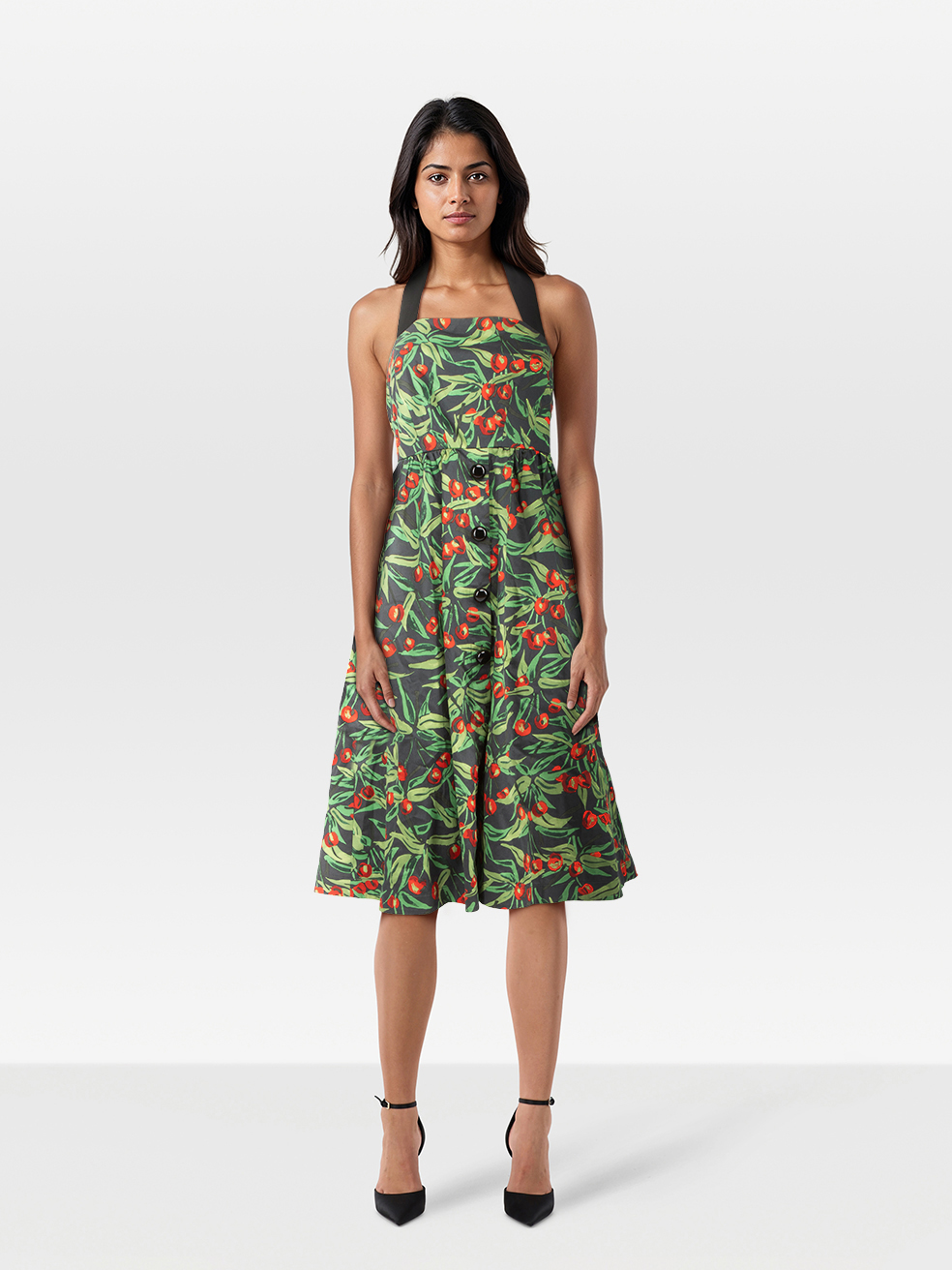 Green Cherry Print Halterneck Midi Dress