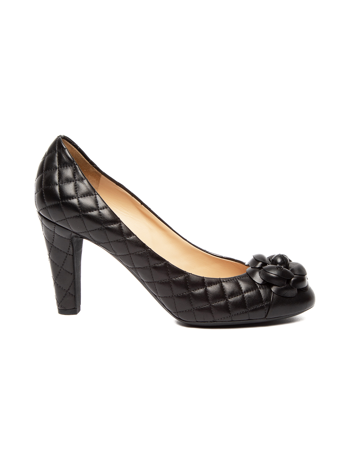Chanel, Black Leather Quilted Camelia Heels