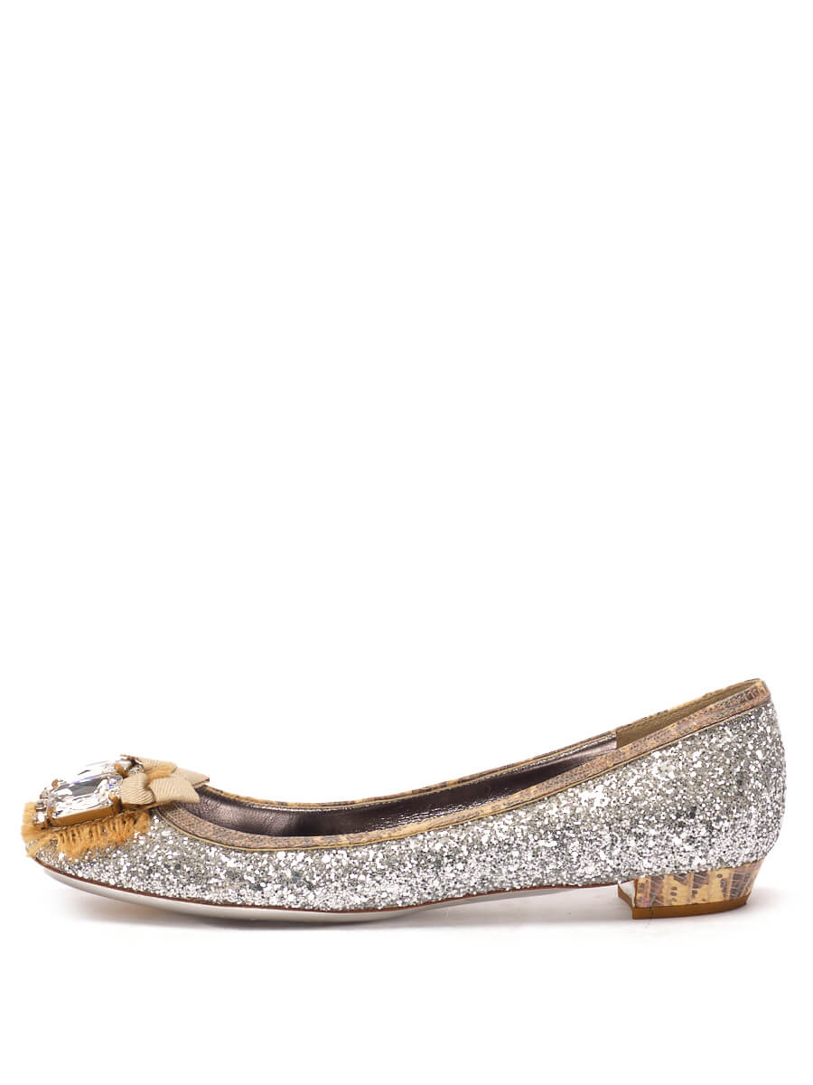 Women Miu Miu Glitter Embellished Ballet Flats -  Silver Size 38 US 8