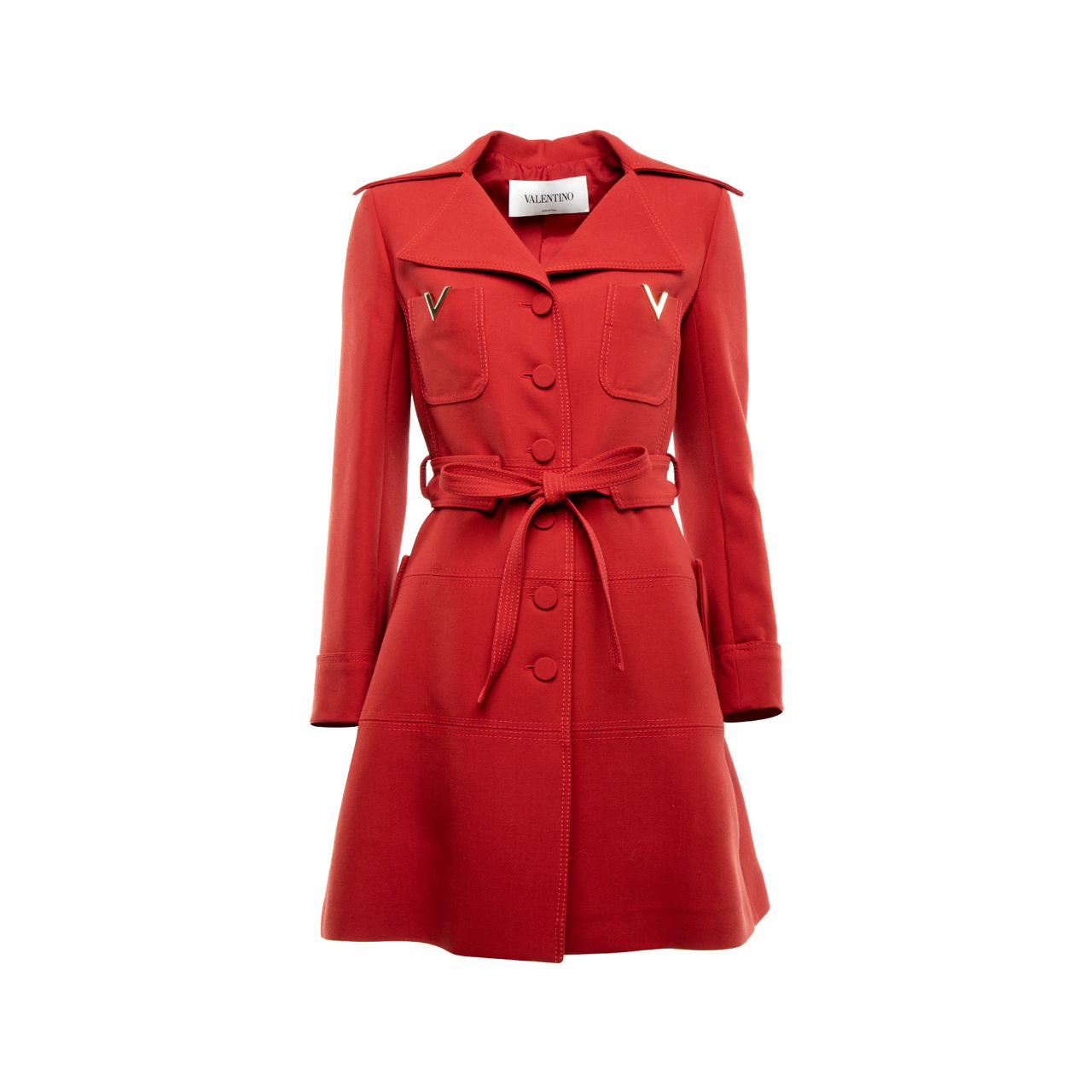 Louis Vuitton Red Gabardine Belted Front Button Coat M Louis