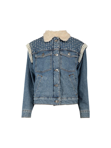 Sandro denim shop jacket with pearls