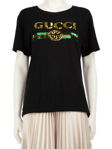 Used Gucci Black Sequin Tiger Logo T-Shirt | CSD