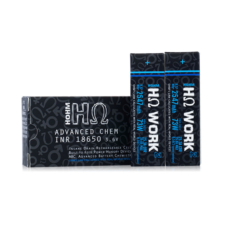 Hohm Tech Hohm Work 18650 2547mAh 25.3A Battery (2-Pack) with packaging