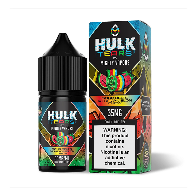 Sour Belts Straw Melon Chew by Mighty Vapors Hulk Tears E-Juice (30mL)(Salts) with packaging