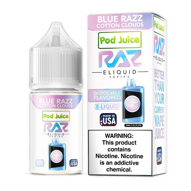 Blue Razz Cotton Clouds Pod Juice x RAZ Salts 30ml with Packaging