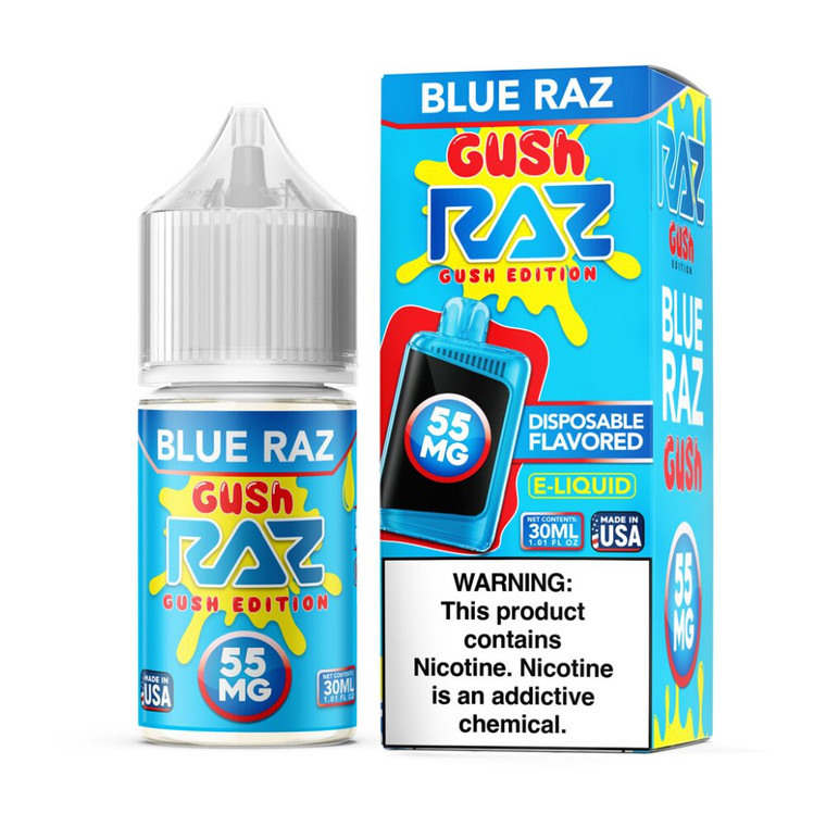 Blue Razz Gush Pod Juice x RAZ Salts 30mL with packaging