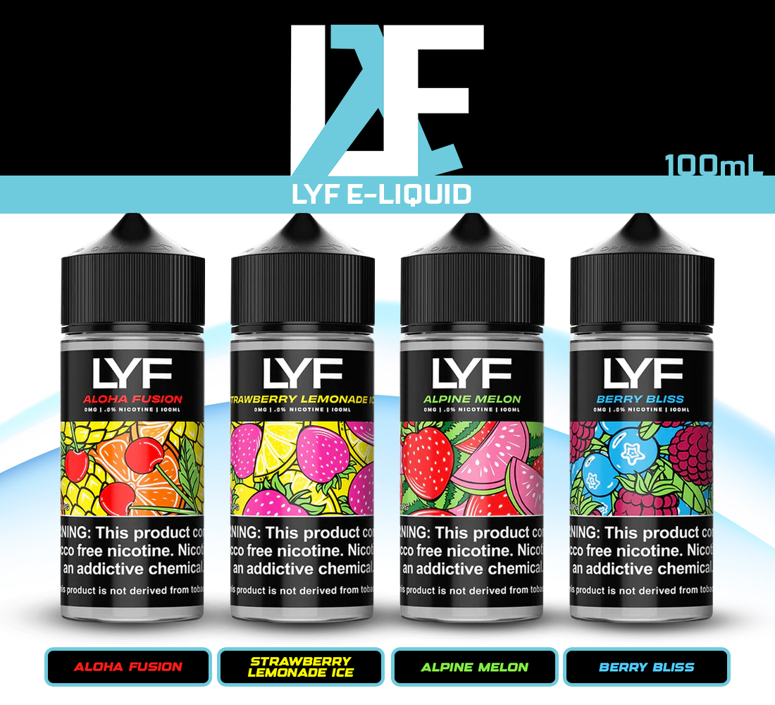Lyfe Vape juice in 100mL bottles with 4 different flavors