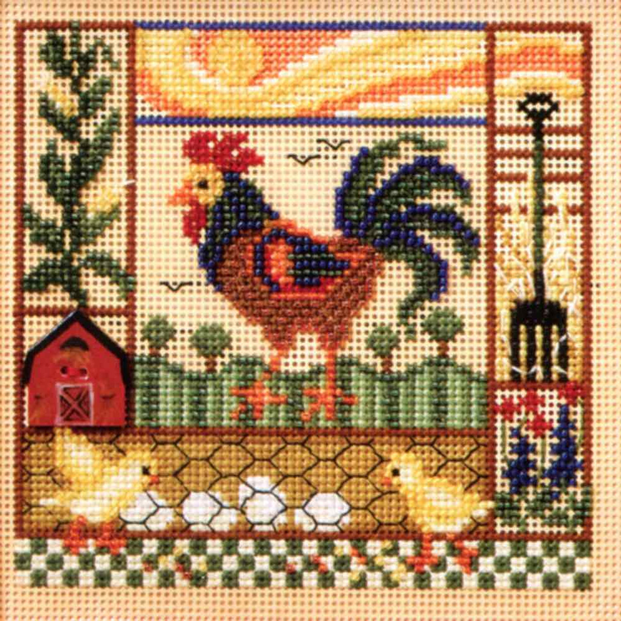 Stitched area of Barnyard Morning Cross Stitch Kit Mill Hill 2008 Buttons & Beads Spring MH148106