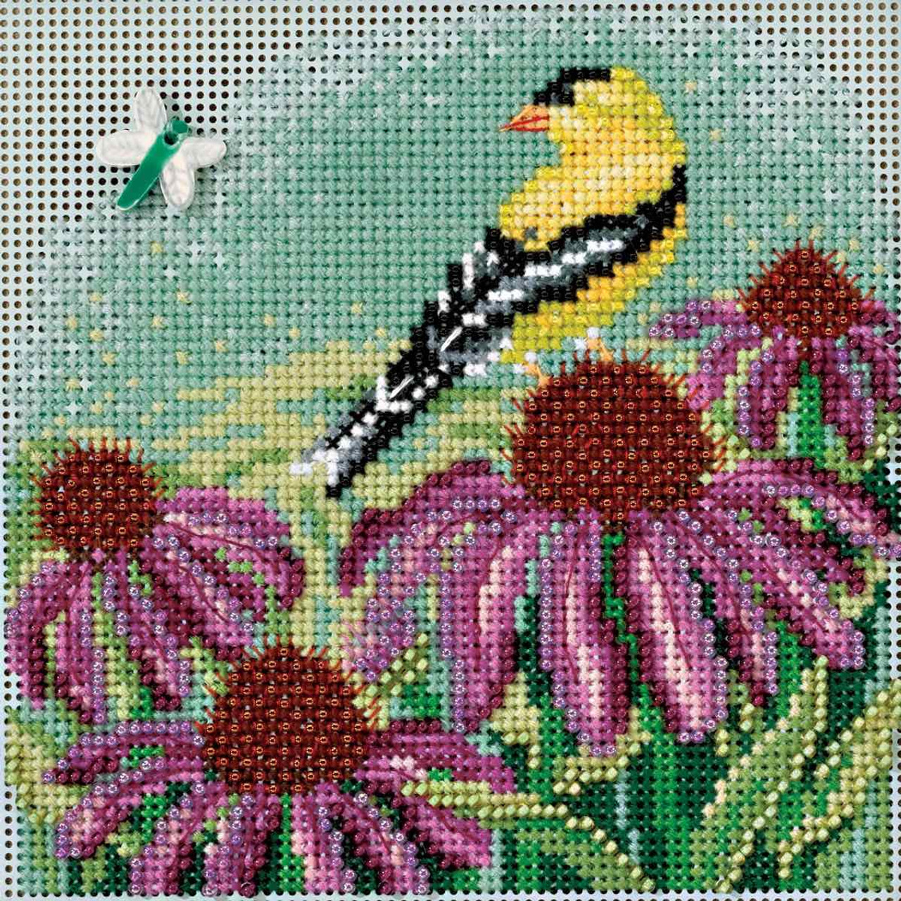 Stitched area of Goldfinch Cross Stitch Kit Mill Hill 2017 Buttons & Beads Spring MH141712