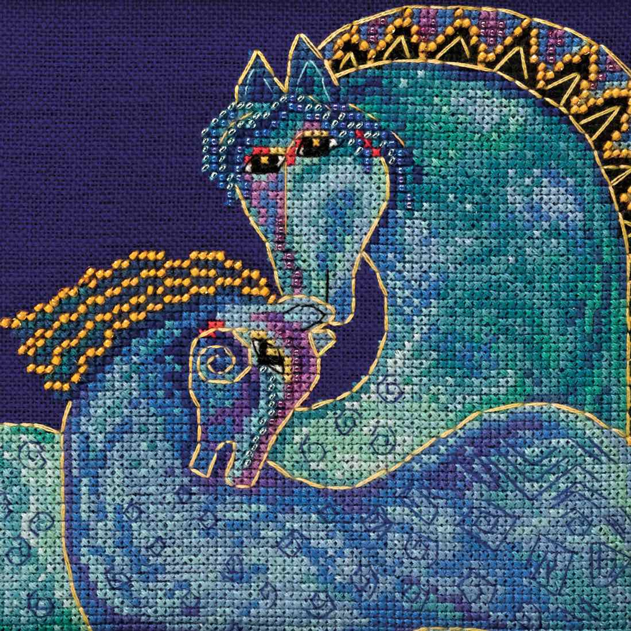 Stitched area of Mediterranean Mares Cross Stitch Kit (Aida) Mill Hill 2017 Laurel Burch Horses LB301721