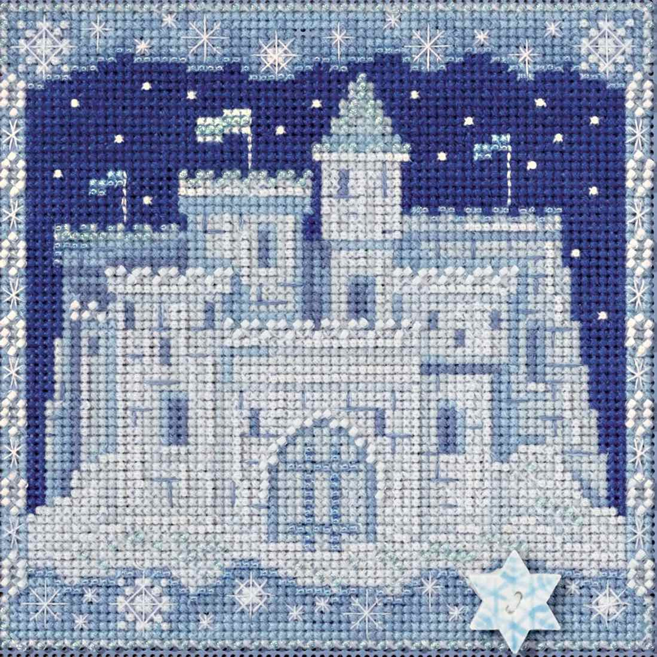 Stitched area of Ice Castle Cross Stitch Kit Mill Hill 2017 Buttons Beads Winter MH141736