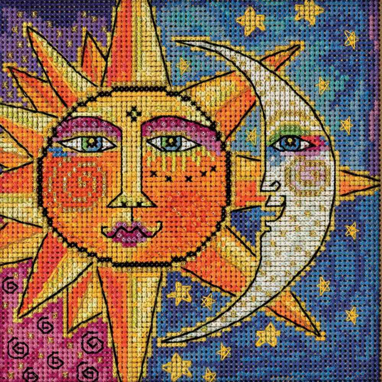 Stitched area of Sister Sun Brother Moon Cross Stitch Kit Mill Hill 2018 Laurel Burch Celestial LB141811