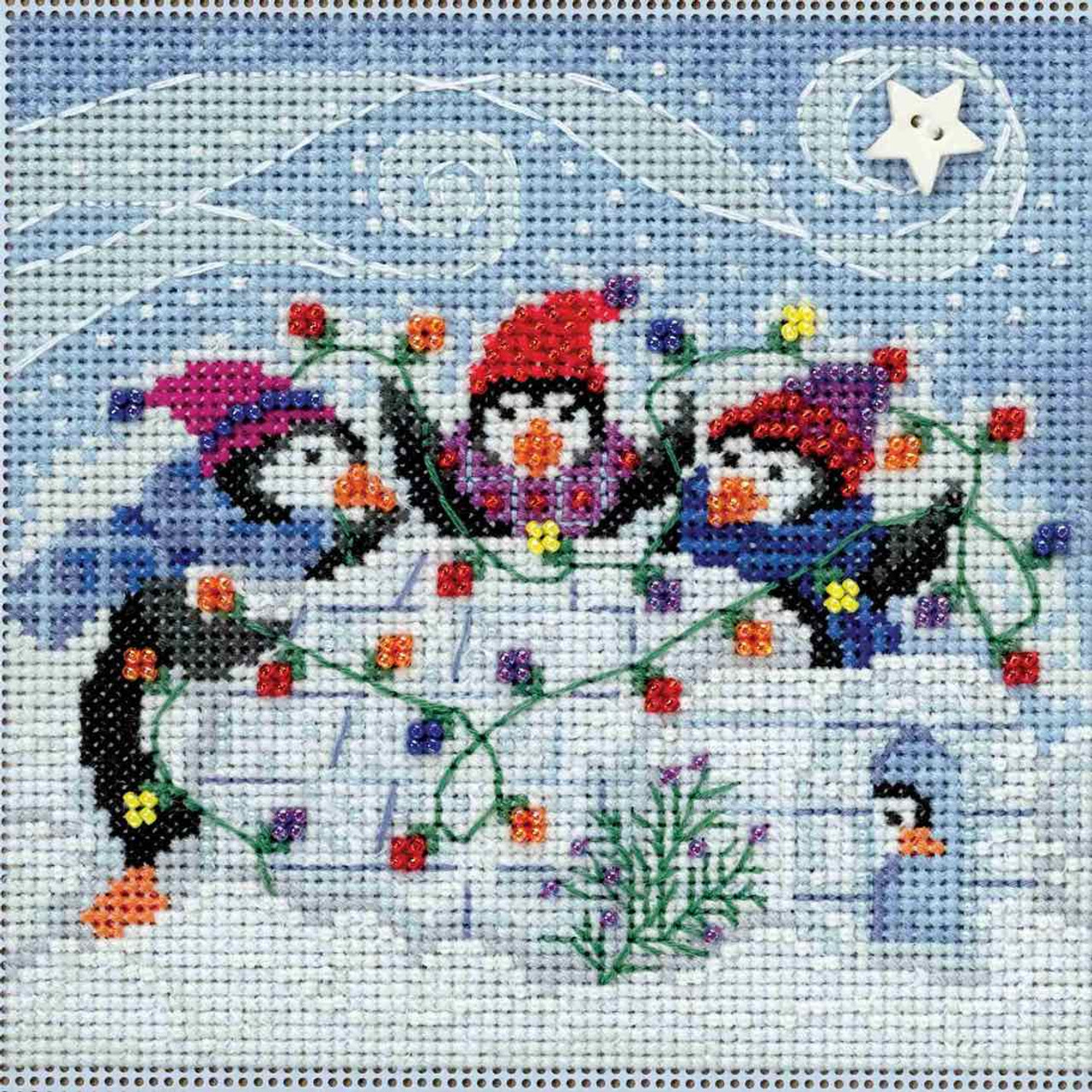 Stitched area of Playful Penguins Cross Stitch Kit Mill Hill 2018 Buttons Beads Winter MH141832