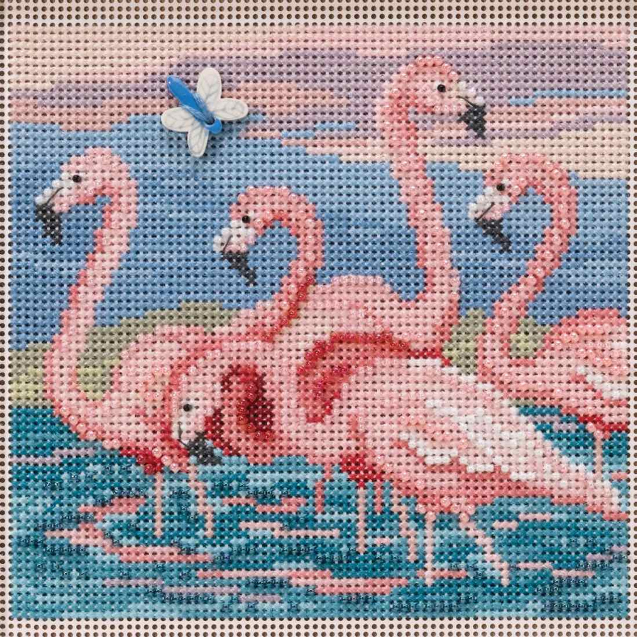 Stitched area of Flamingos Cross Stitch Kit Mill Hill 2019 Buttons & Beads Spring MH141916