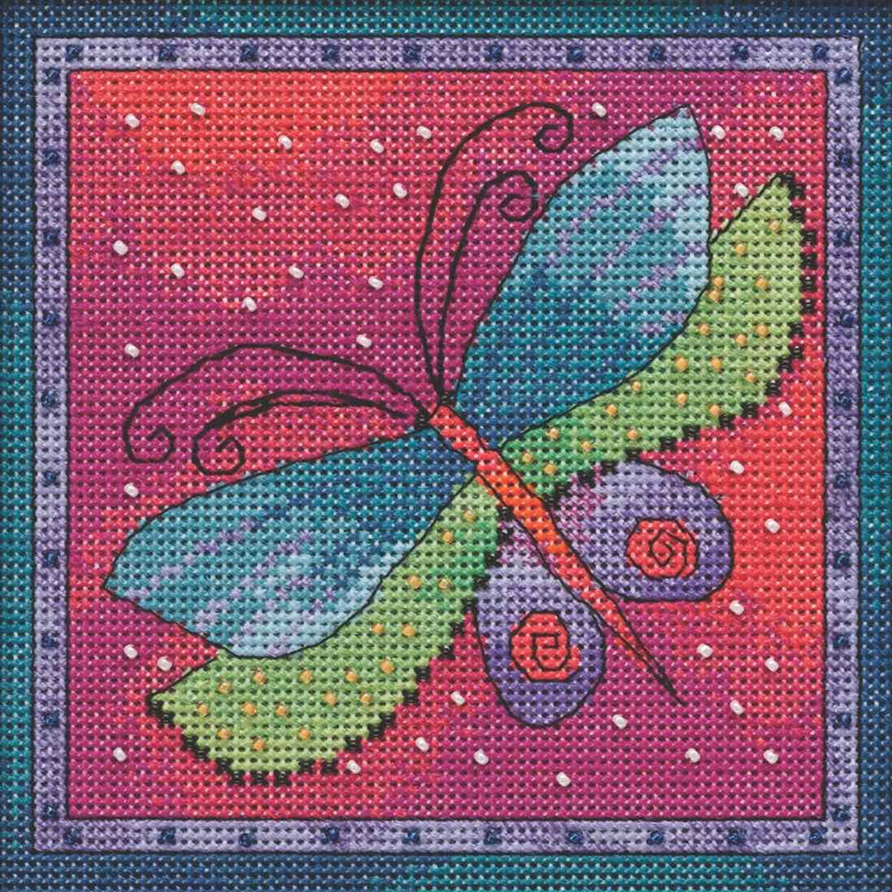 Stitched area of Dragonfly Fuchsia Cross Stitch Kit Mill Hill 2019 Laurel Burch Flying Colors LB141913