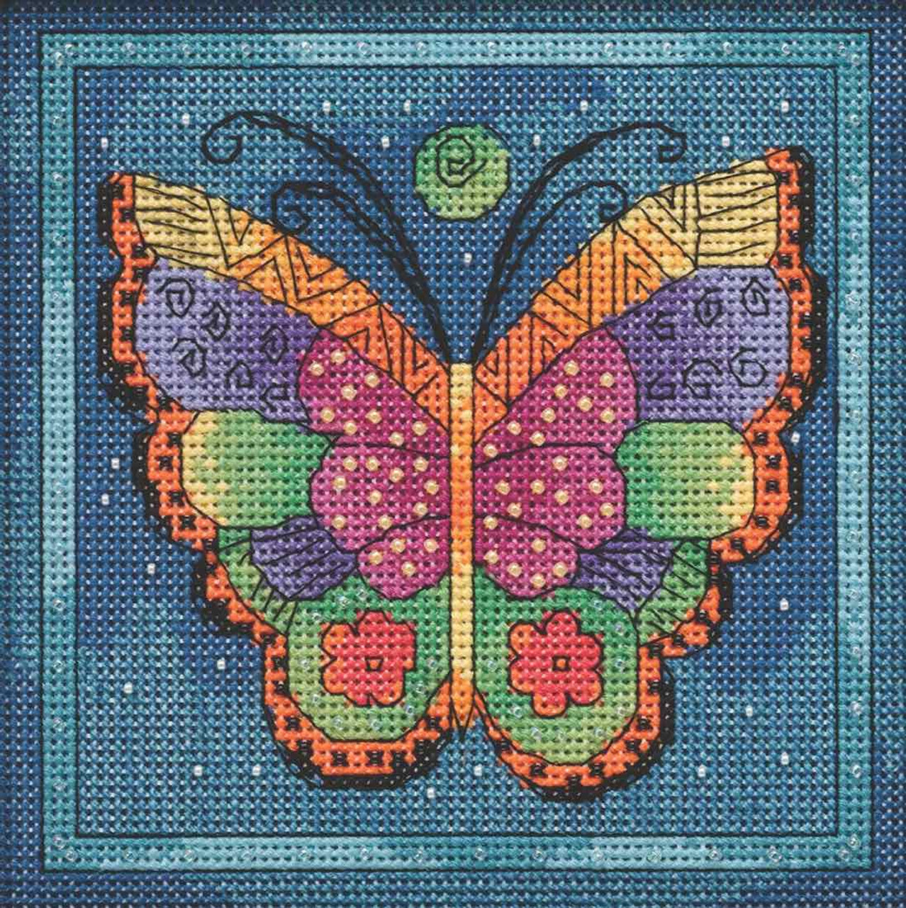 Stitched area of Butterfly Capri Cross Stitch Kit Mill Hill 2019 Laurel Burch Flying Colors LB141914