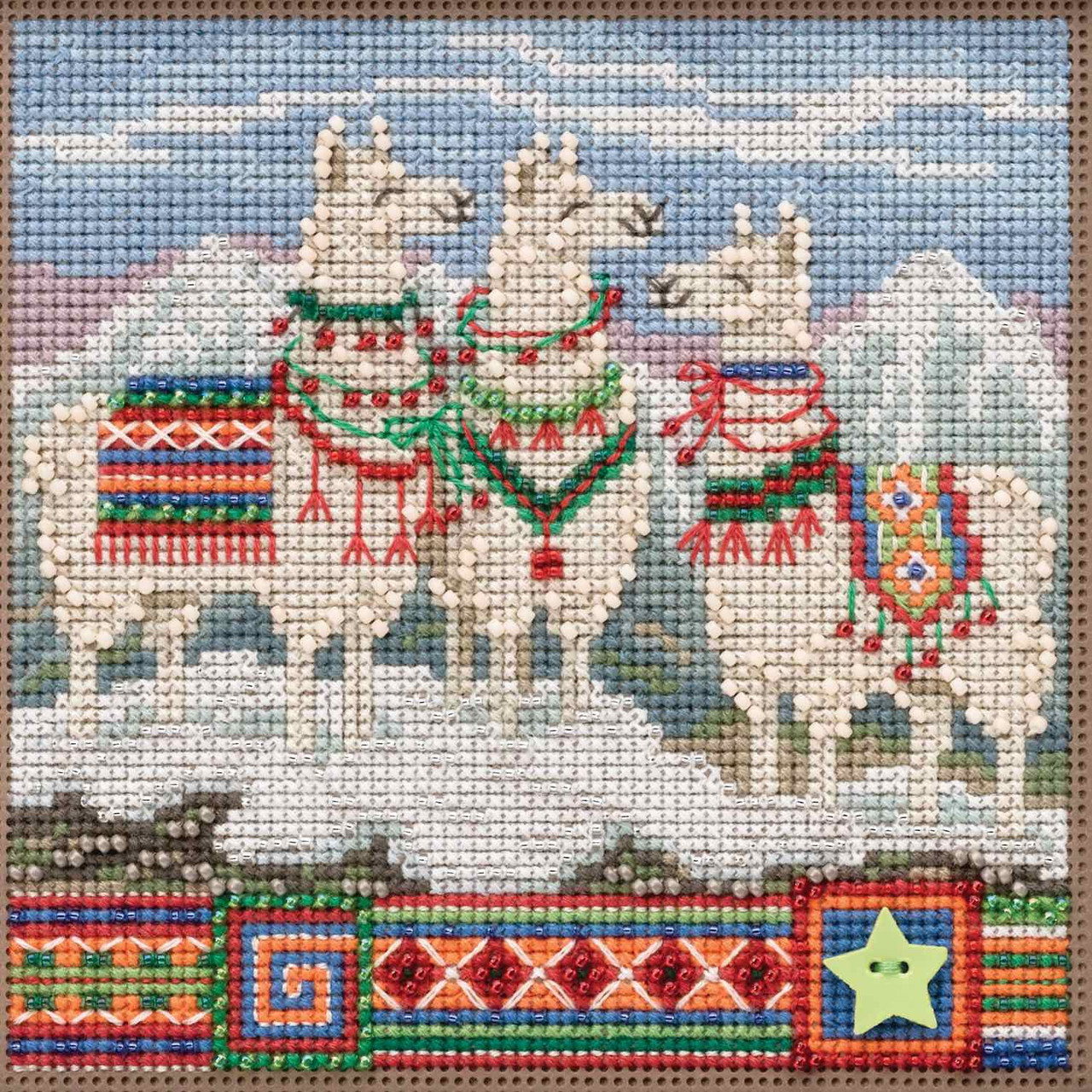 Stitched area of Fa La La Llamas Cross Stitch Kit Mill Hill 2019 Buttons Beads Winter MH141935