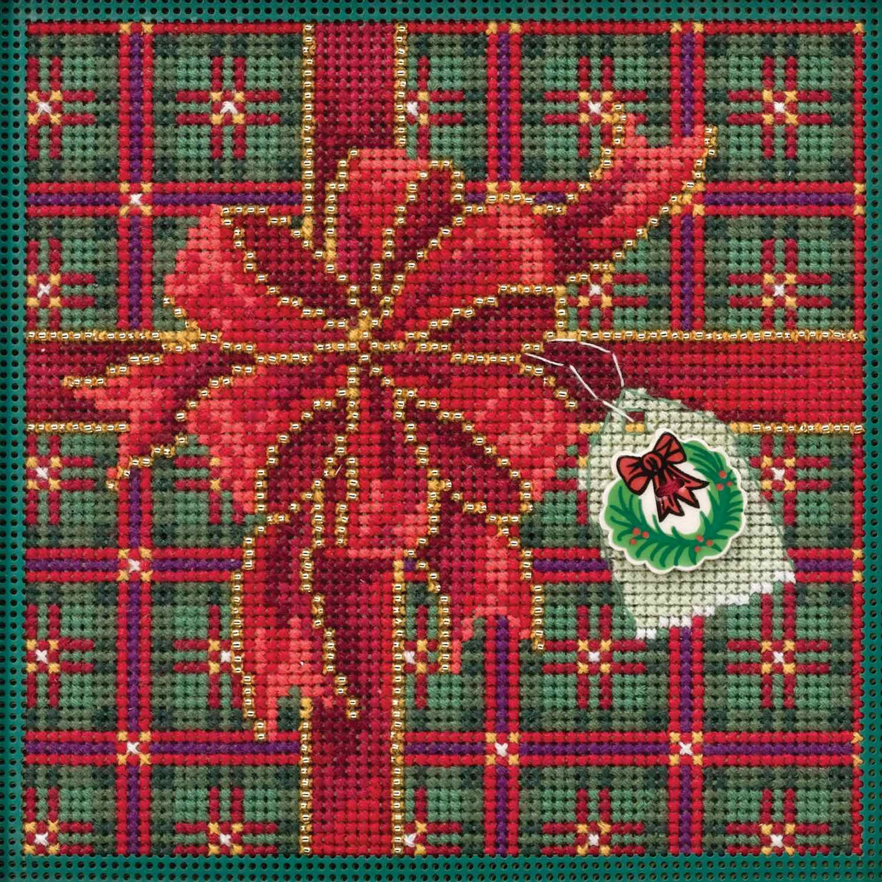 Stitched area of Season of Giving Cross Stitch Kit Mill Hill 2019 Buttons Beads Winter MH141936
