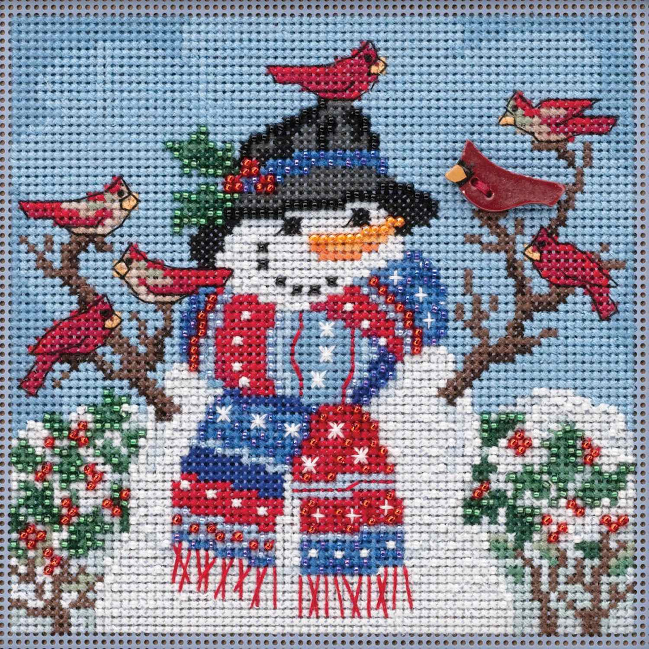 Stitched area of Winter Welcome Cross Stitch Kit Mill Hill 2019 Buttons Beads Winter MH141931