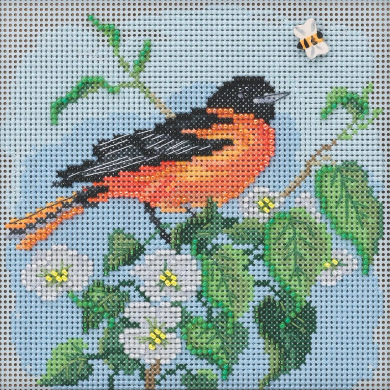 Stitched area of Baltimore Oriole Cross Stitch Kit Mill Hill 2020 Buttons & Beads Spring MH142012