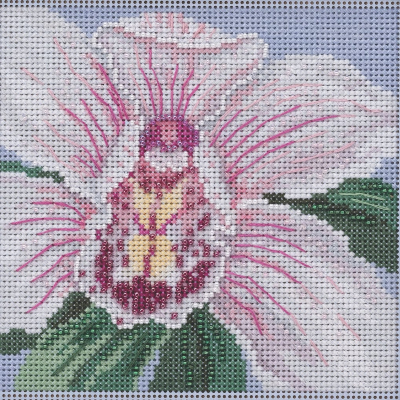 Stitched area of White Orchid Cross Stitch Kit Mill Hill 2020 Buttons & Beads Spring MH142014