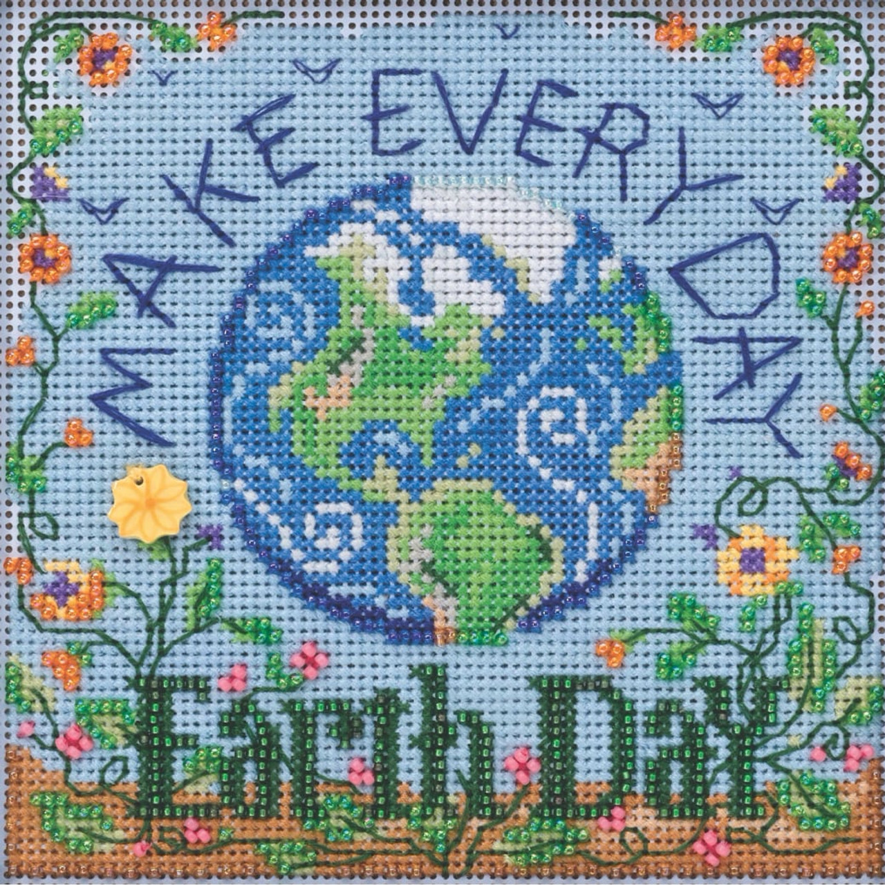 Stitched area of Earth Day Cross Stitch Kit Mill Hill 2020 Buttons & Beads Spring MH142015