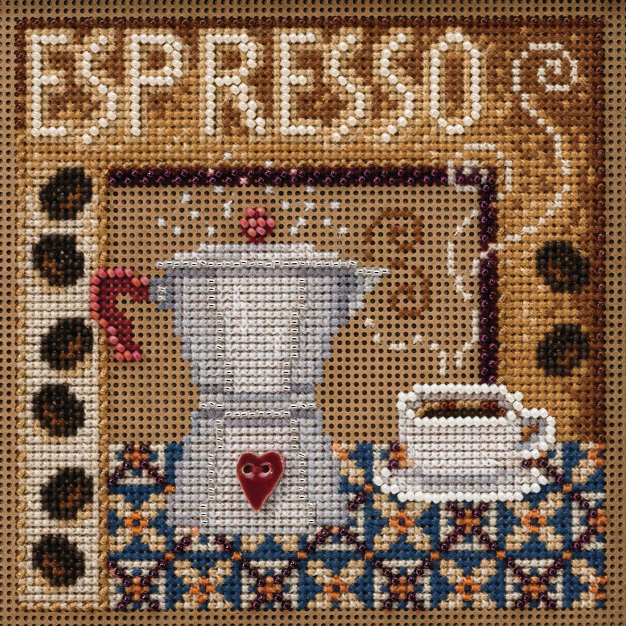 Stitched area of Espresso Cross Stitch Kit Mill Hill 2020 Buttons & Beads Autumn MH142024