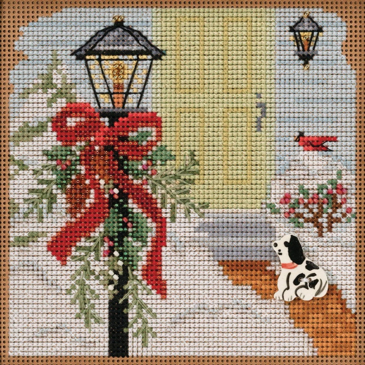 Stitched area of Christmas Welcome Cross Stitch Kit Mill Hill 2020 Buttons Beads Winter MH142031