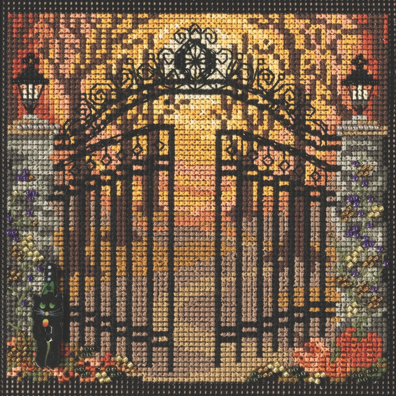 Stitched area of Spooky Gate Cross Stitch Kit Mill Hill 2021 Buttons & Beads Autumn MH142123