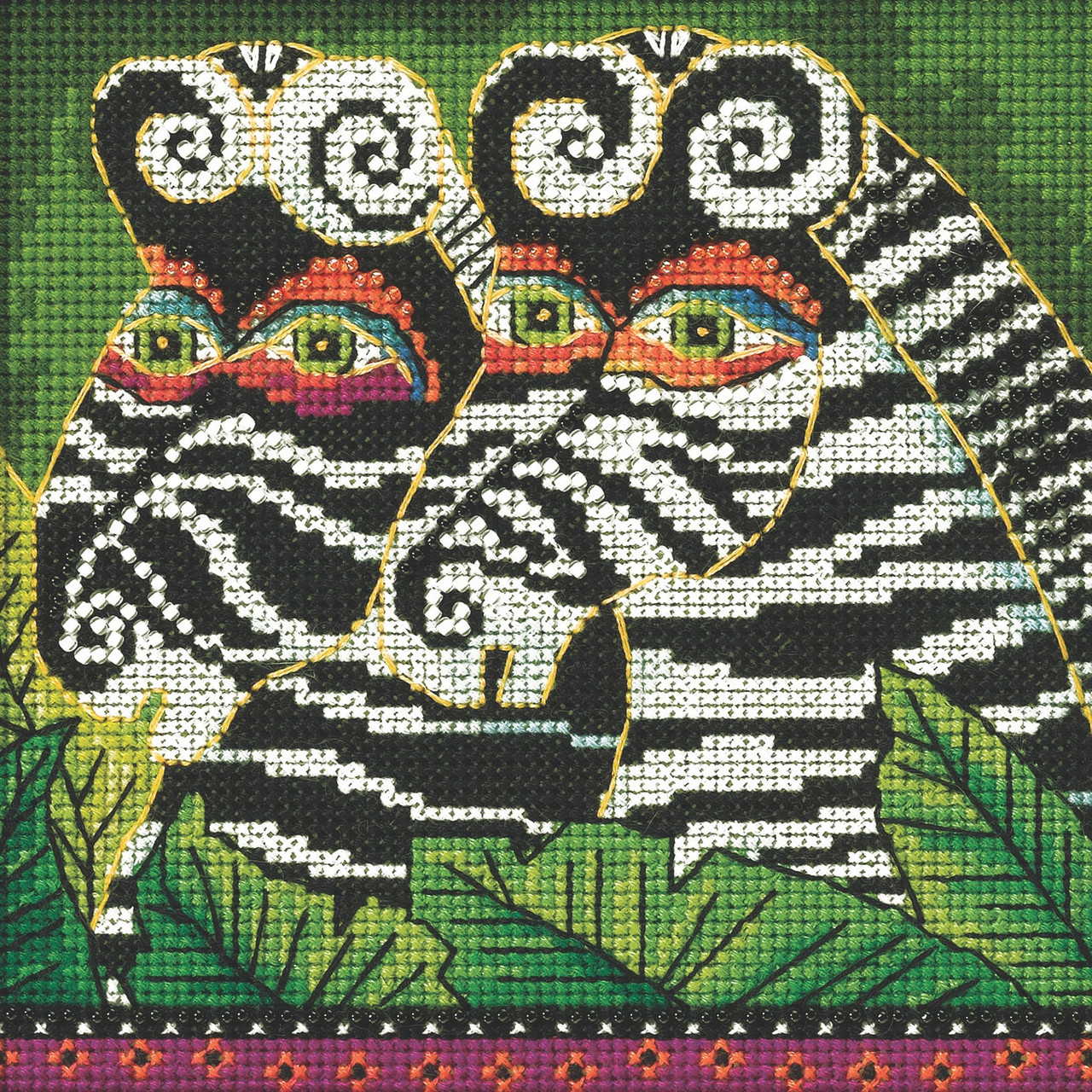 Stitched area of Zebra Cross Stitch Kit Mill Hill 2022 Laurel Burch Amazonia LB142214