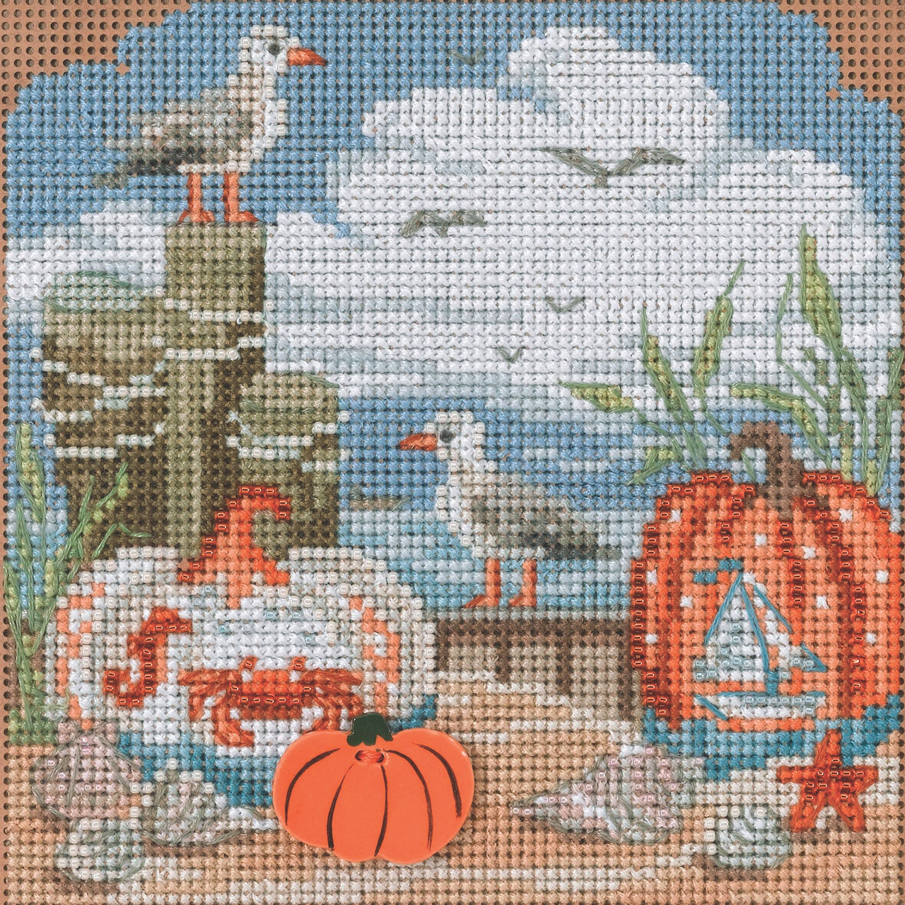 Stitched area of Fall Beach Cross Stitch Kit Mill Hill 2022 Buttons & Beads Autumn MH142225